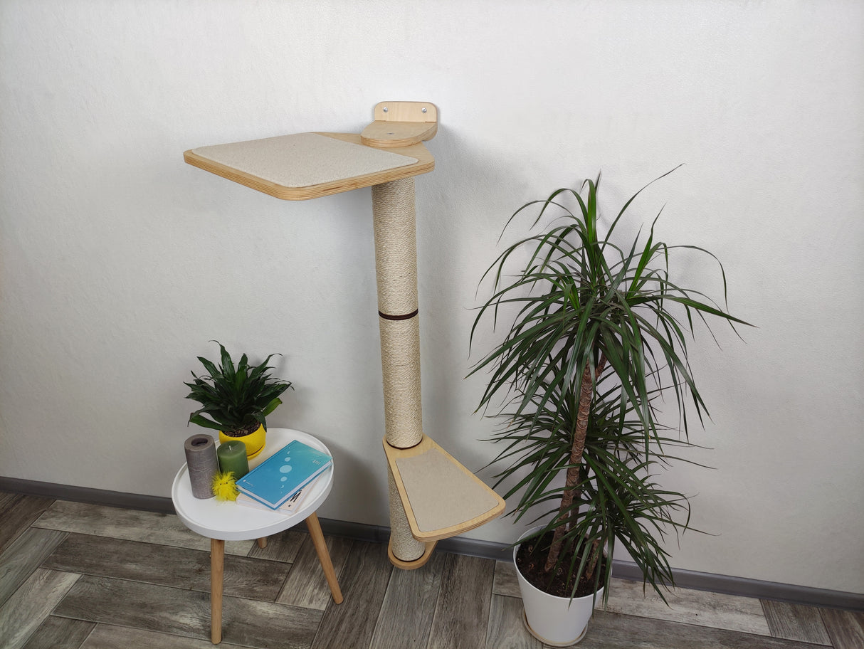 Wall mounted cat scratching post with 2 shelves