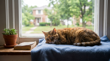 Bored indoor cat lying on a window sill looking outside
