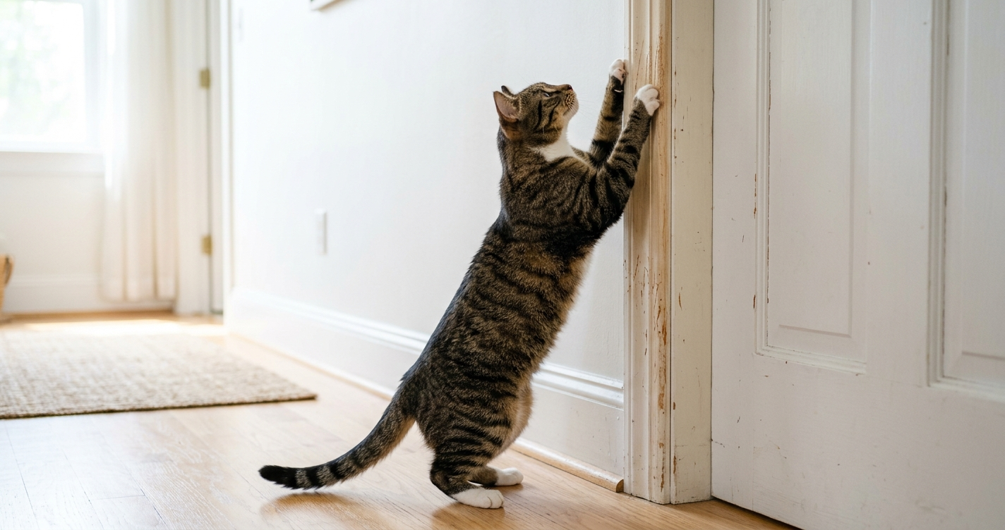 Tabby cat scratching a door frame at home — a common habit explained in RshPets blog