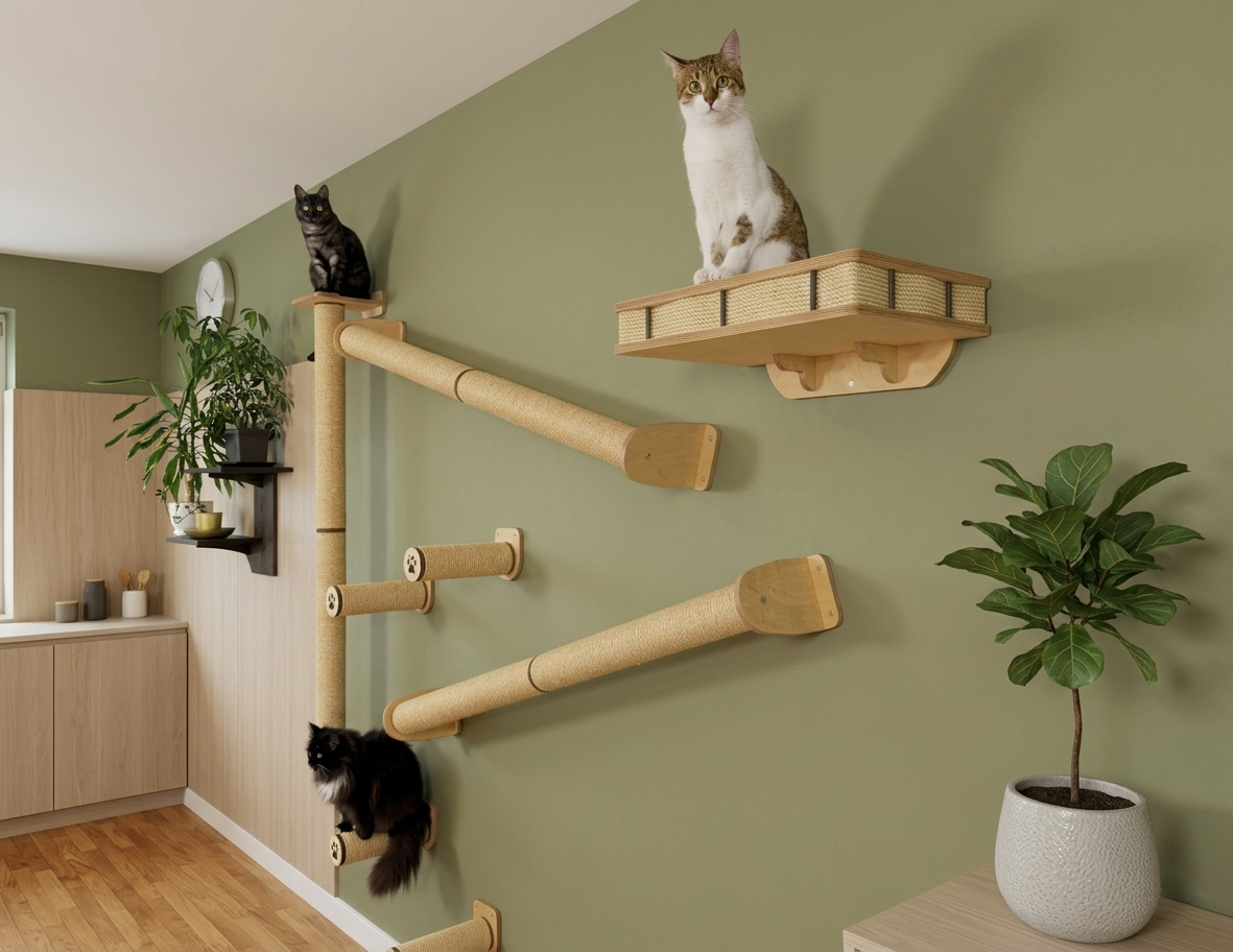 A large set of cat climbing shelves. Sisal posts, steps, and a sleeping shelf.