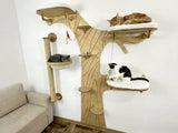 Cat tree with multiple levels and platforms, with cats on different levels.