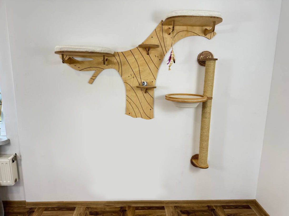 Wooden cat climbing shelf with perches on a white wall.