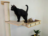 Black cat on a wooden cat tree with a white background