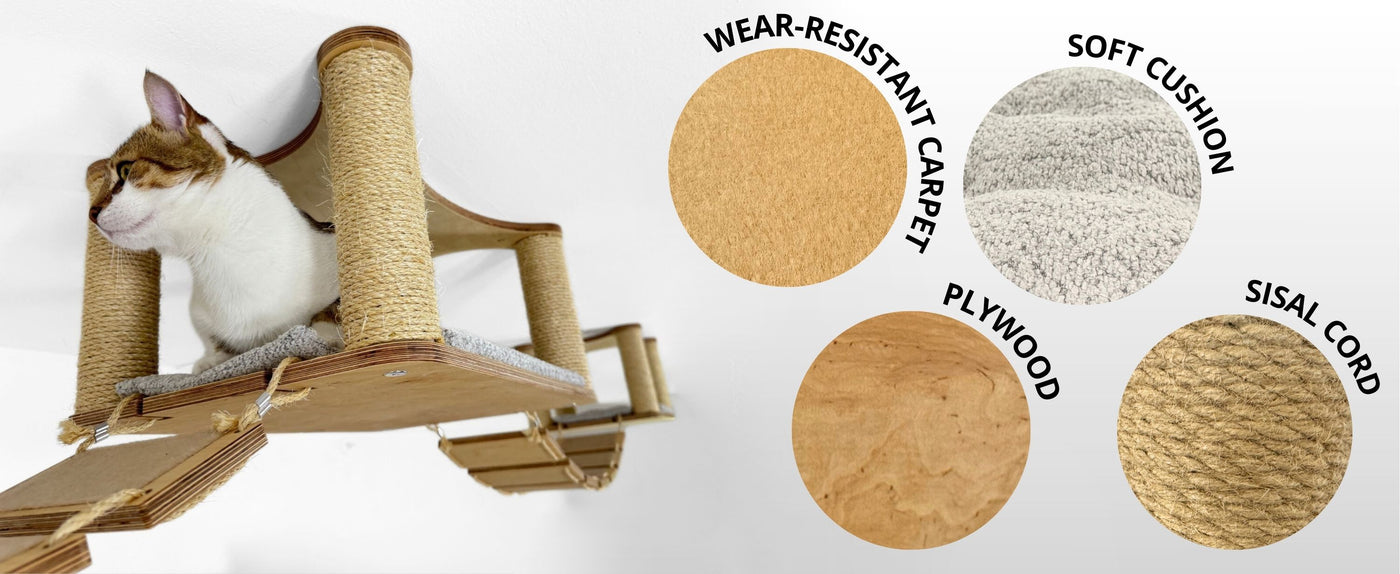 Cat climbing frame with wear-resistant carpet, soft cushion, plywood, and sisal cord components.