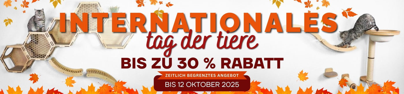 Promotional banner for an international animal day sale with text and autumn leaves.