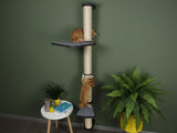 Cat tree with shelves and a cat on a green wall background