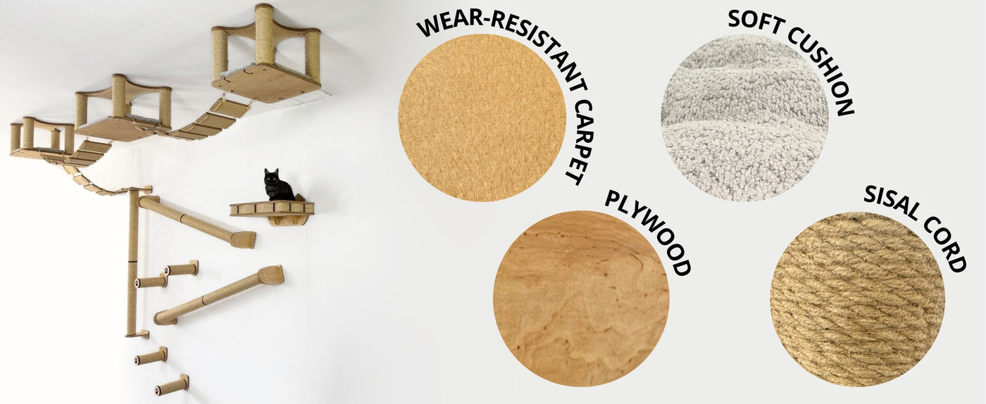 Cat climbing frame with material options displayed on a white background