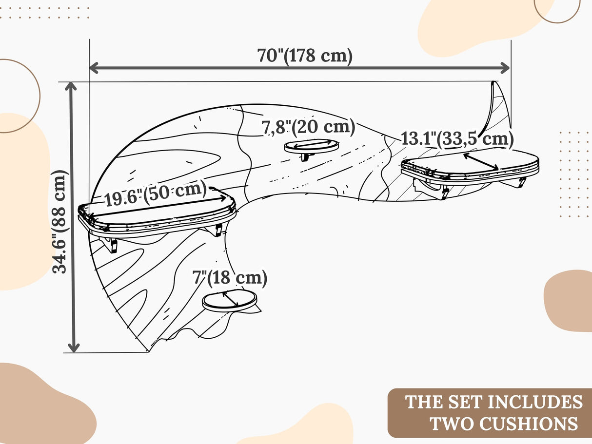 Measurement chart of a cushion set with dimensions labeled