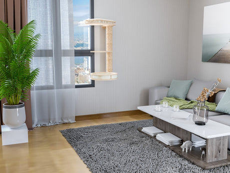 Modern living room with a gray rug, white walls, and cat wall furniture