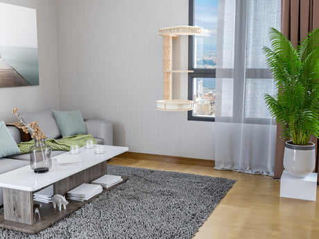 Modern living room with gray sofa, coffee table, and cat wall tree