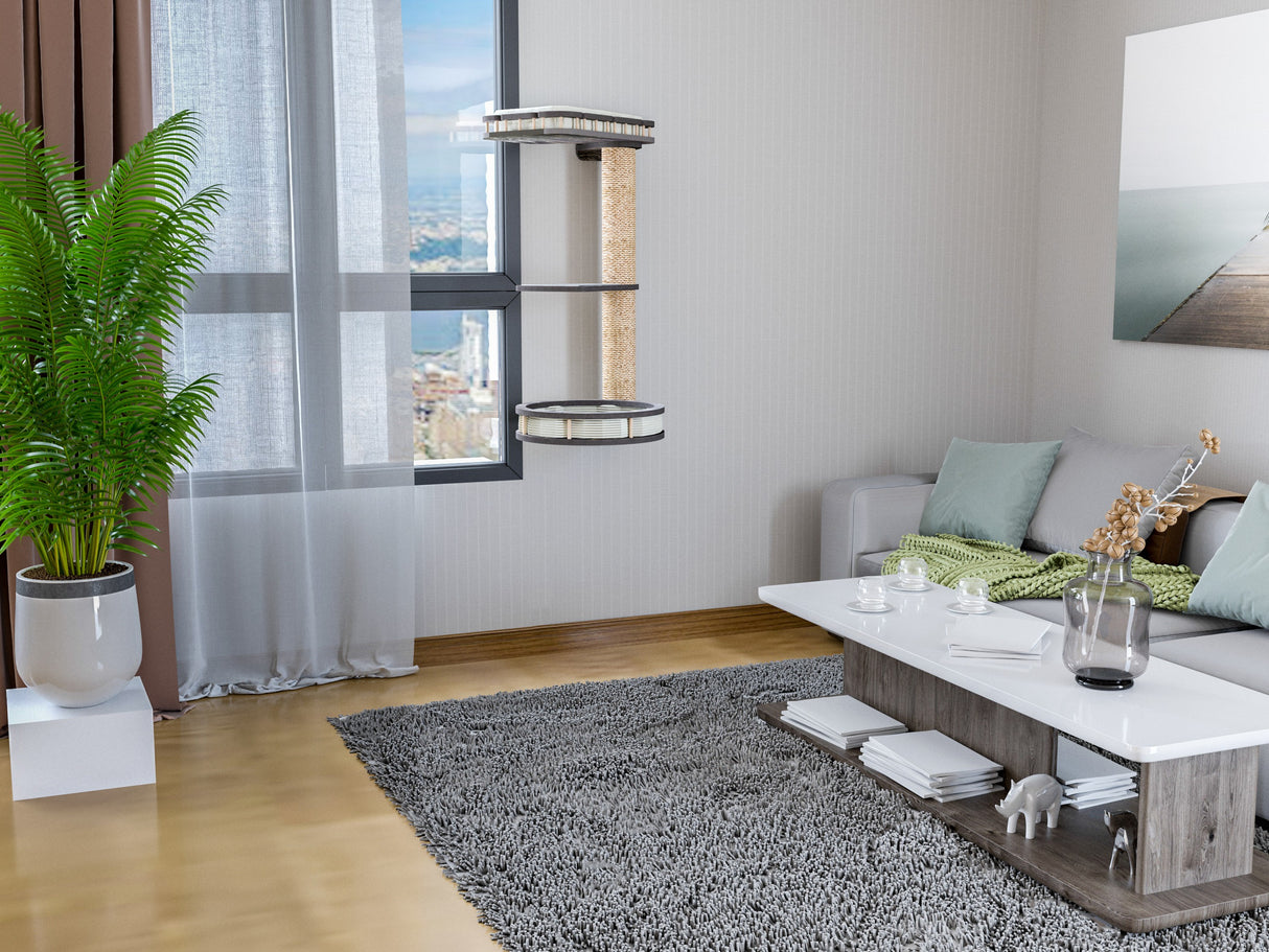 Modern living room with a cat tree, plants, and a city view.