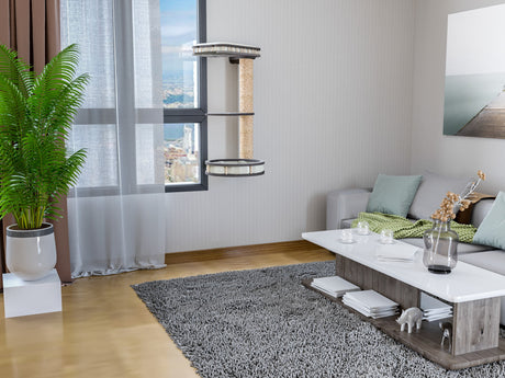 Modern living room with a cat tree, plants, and a city view.