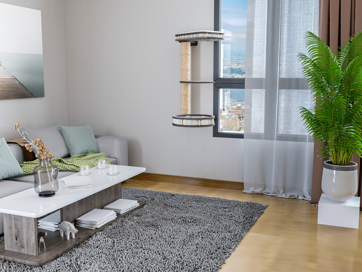 Modern living room with gray sofa, coffee table, and cat wall shelves