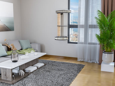 Modern living room with gray sofa, coffee table, and cat wall shelves