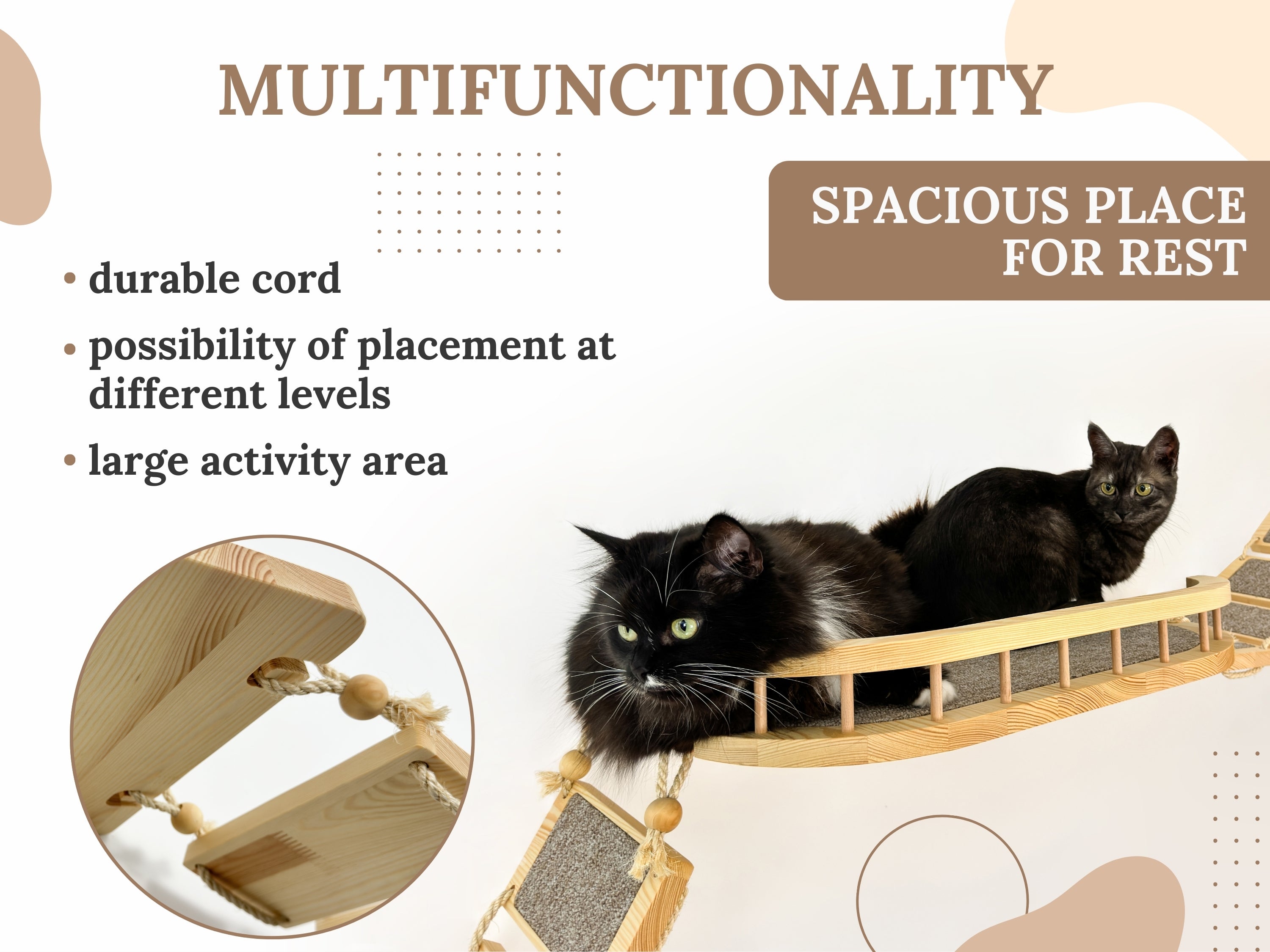 A large wall shelf for cats with bridges on the sides