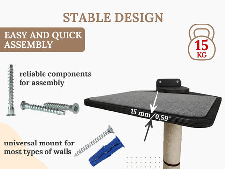 Product with assembly components and text highlighting stability and assembly ease.