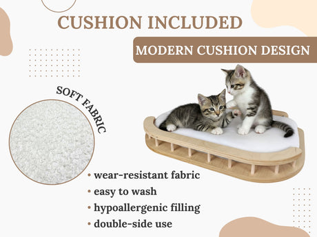 Cat shelf with two kittens on a white cushion, surrounded by text about cushion features.