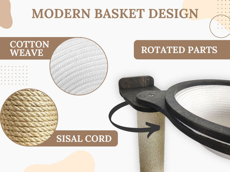 Modern cat basket design with cotton weave, sisal cord, and rotated parts on a beige background.