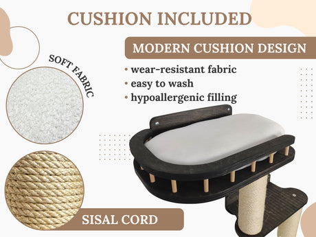 Cat tree with cushion and features highlighted on a beige background