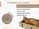 Cat lying on a cushion with product features listed on a beige background