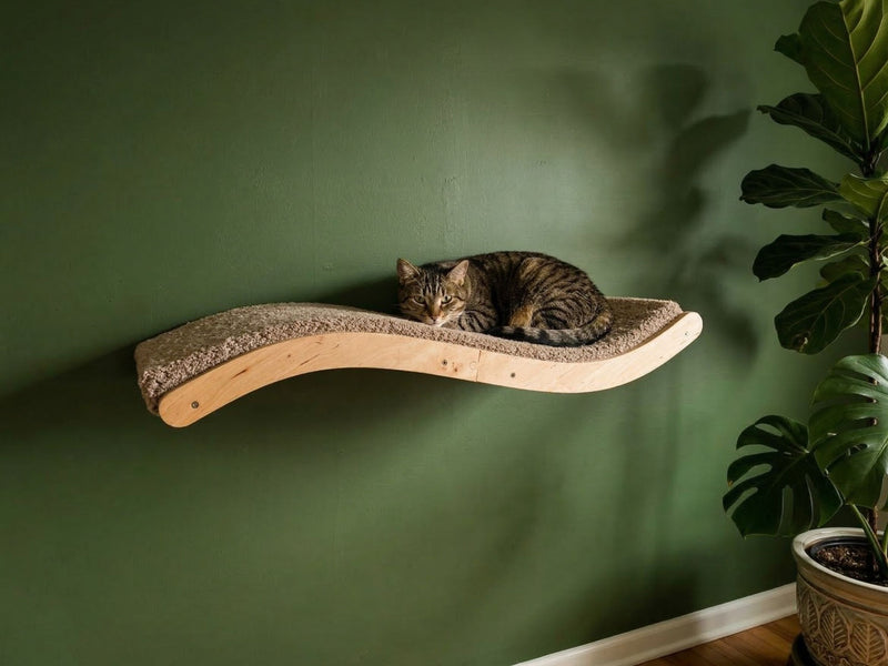 One cats resting on a curved wooden cat shelf against a green wall.