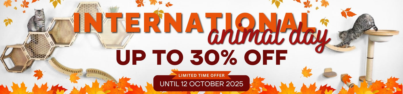Promotional banner for International Animal Day with discounts and autumn-themed elements.