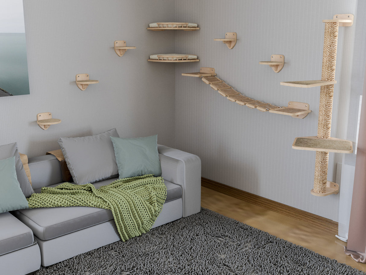 Cat climbing shelves and tree next to a gray sofa with green blanket and pillows.