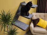 Cat sitting on a multi-level cat tree against a yellow wall with a beige sofa and decorative pillows.