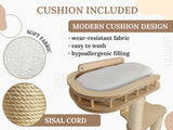 Wooden cat tree with cushion and text about cushion features