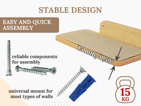 Wooden cat shelf with assembly components and specifications on a white background