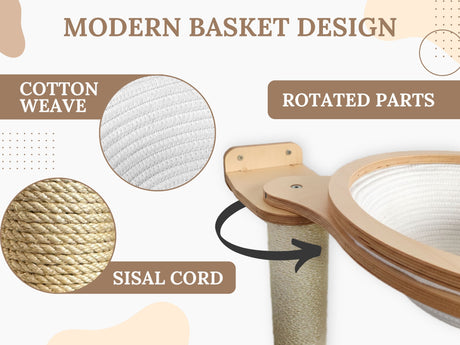 Diagram of a modern basket design with cotton weave, sisal cord, and rotated parts.