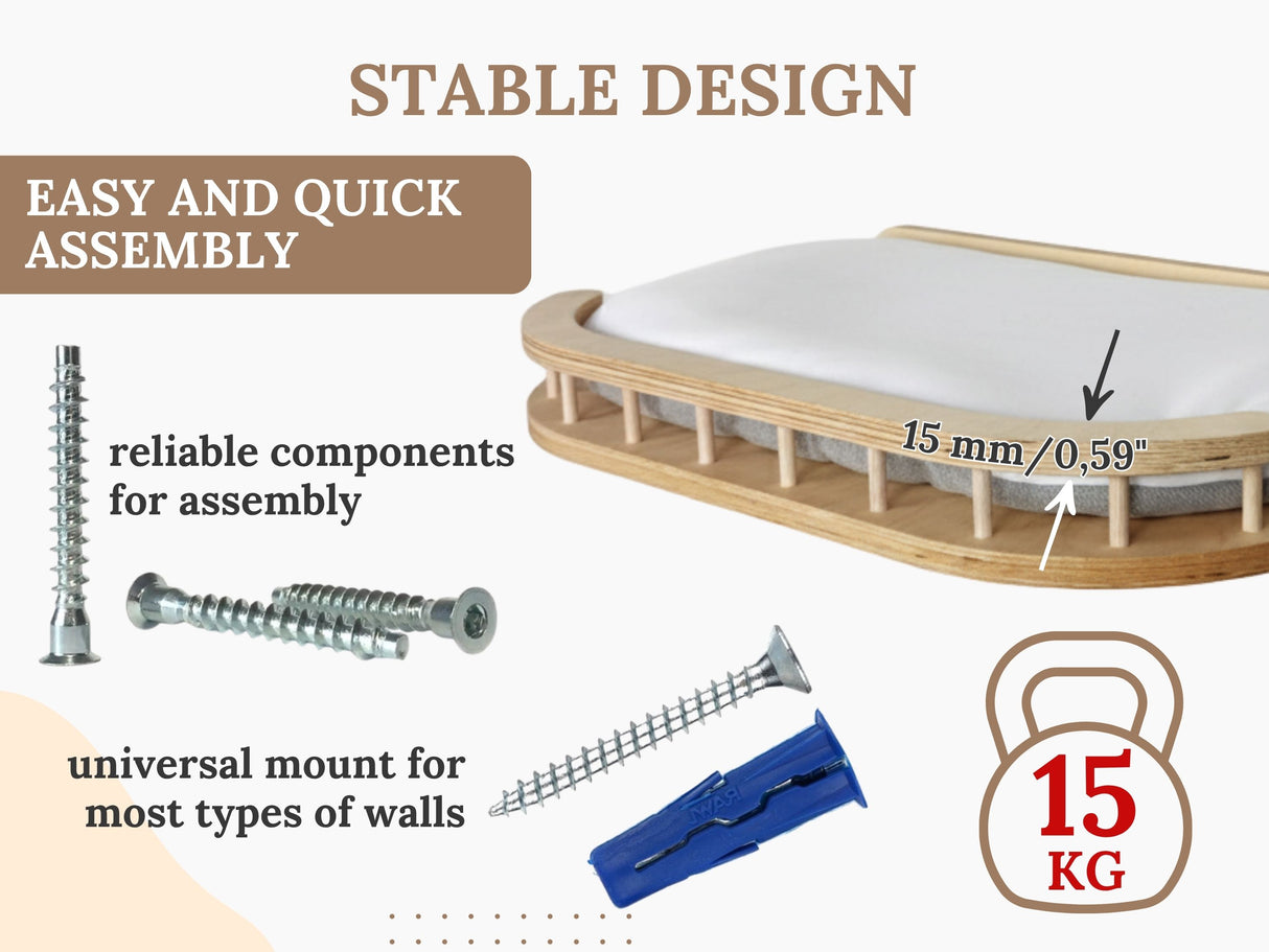 Bed assembly kit with screws, blue clip, and weight indicator on a white background
