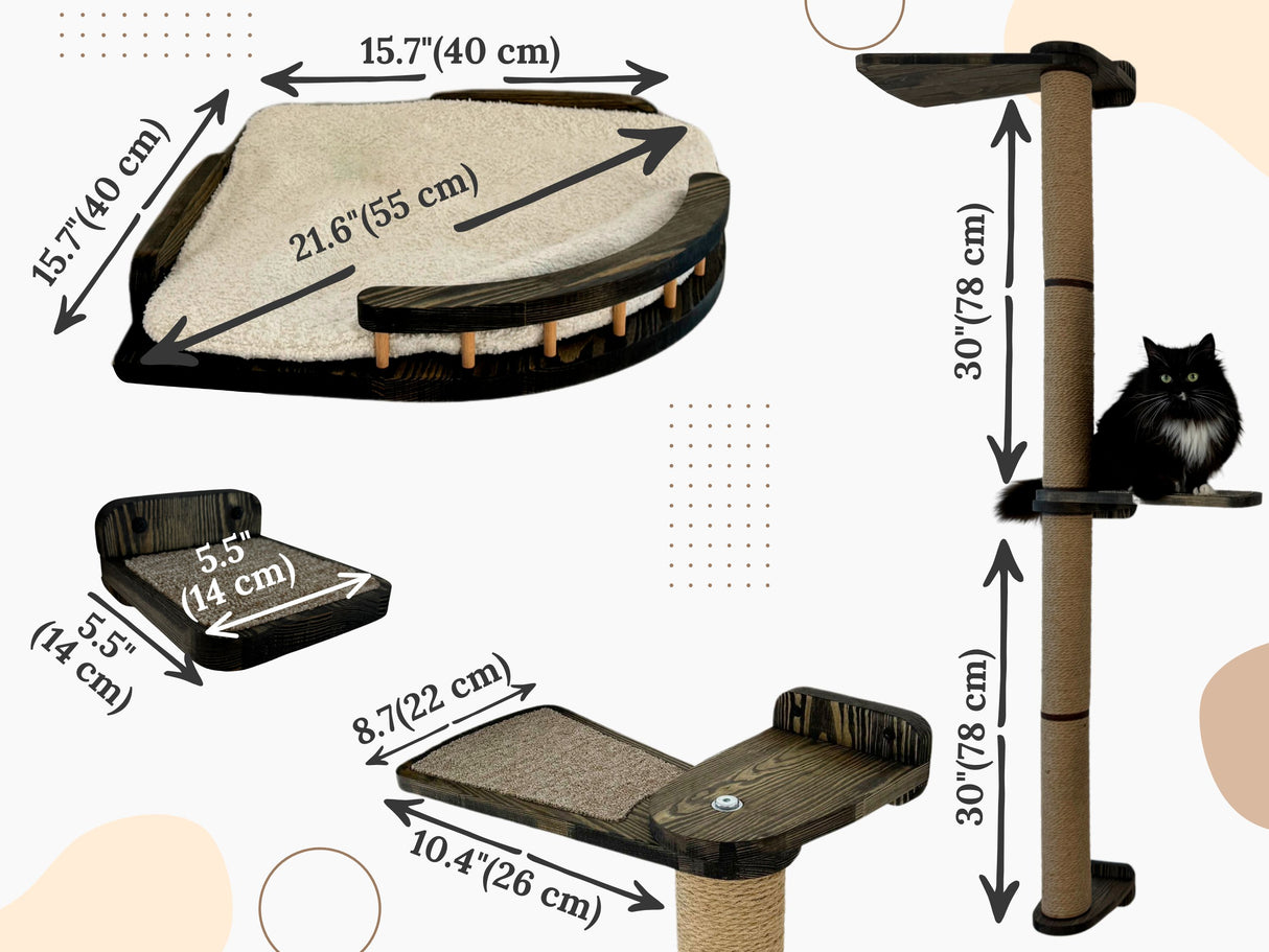 Modern Cat Climbing Wall Set, Cat Wall Furniture – Wooden Shelves, Cozy Hammocks, Tunnels, and Scratching Post for Cat