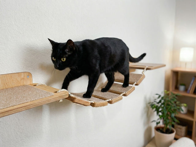 Black cat walking on a wooden cat shelf against a white wall.