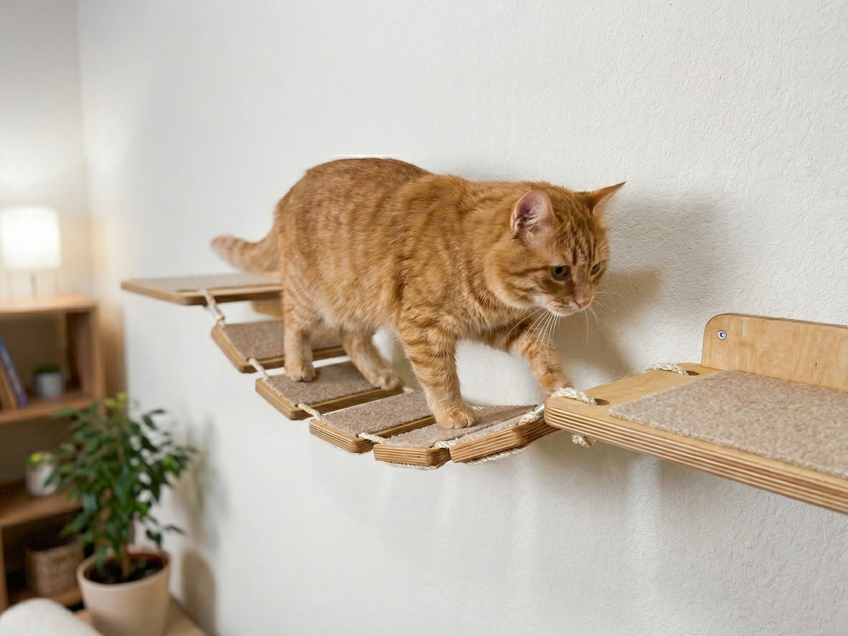 Orange cat on a wooden wall-mounted cat shelf with scratching pads.