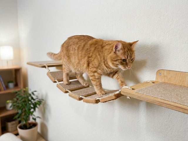 Orange cat on a wooden wall-mounted cat shelf with scratching pads.