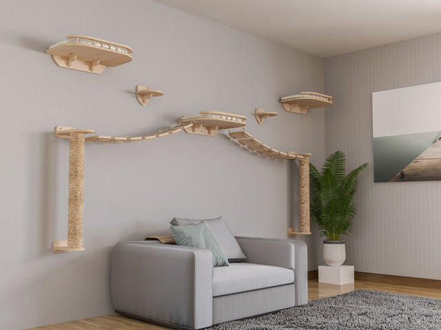 Modern living room with gray sofa, decorative wall lights, and cat wall furniture