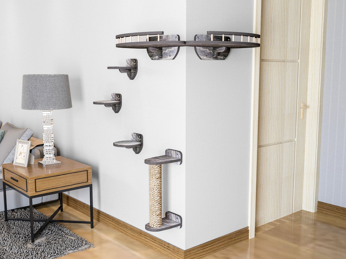 Cat wall shelf system mounted on a white wall with a side table and lamp in the foreground.