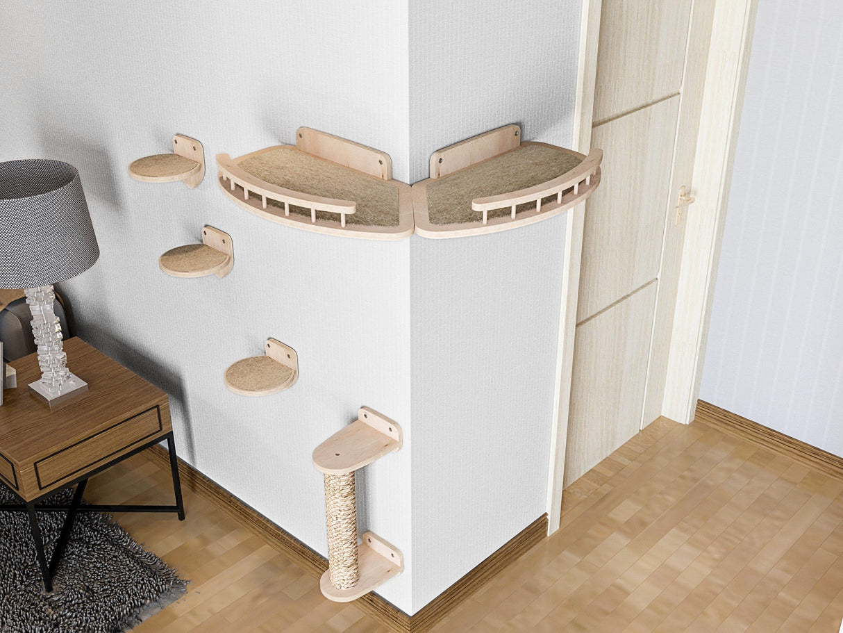 Cat climbing shelf with multiple levels on a white wall in a room.