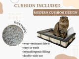 Cat sitting on a cushioned pet bed with text about cushion features.
