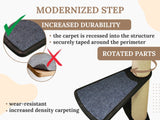Diagram of a modernized cat step with increased durability features and a cat scratching post.