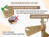 Cat scratcher with text highlighting modernized step, increased durability, and rotated parts.