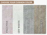 Color swatches for cushions labeled 'Pale Pink', 'Off White', 'Silver Gray', and 'Cozy Beige' on a white background.