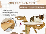 Cat tree with cushion and cat sitting on it, featuring text about cushion design and features.