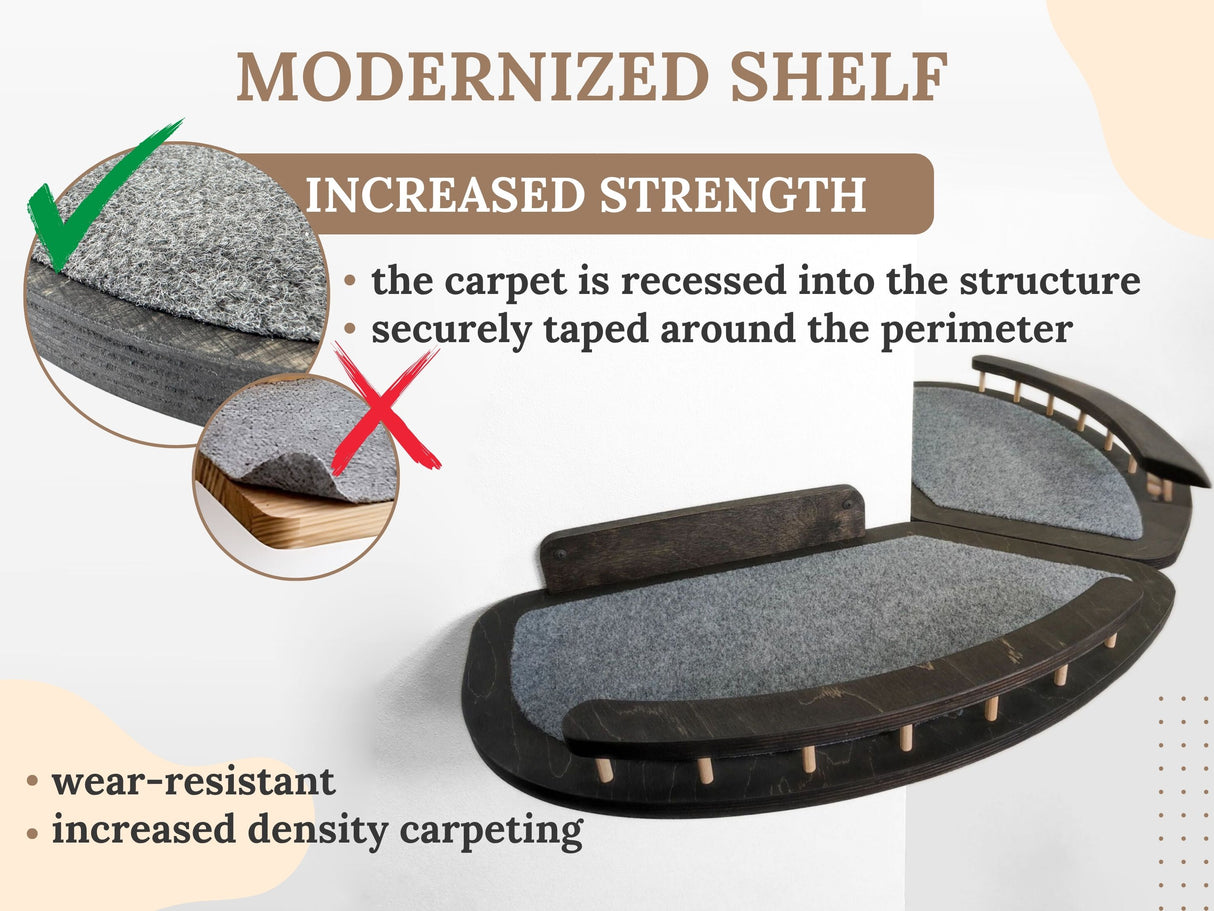 Modernized cat shelf with carpeted surface and text highlighting features