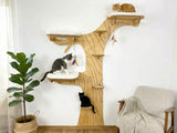 Wooden cat tree with multiple levels and shelves in a room with a plant and chair.