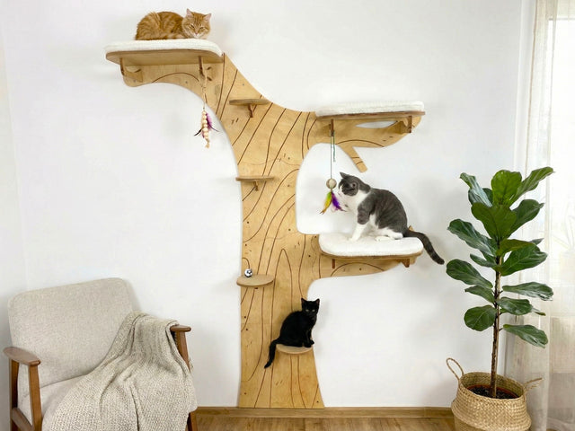 Wooden cat tree with multiple levels and cats on different platforms in a room.