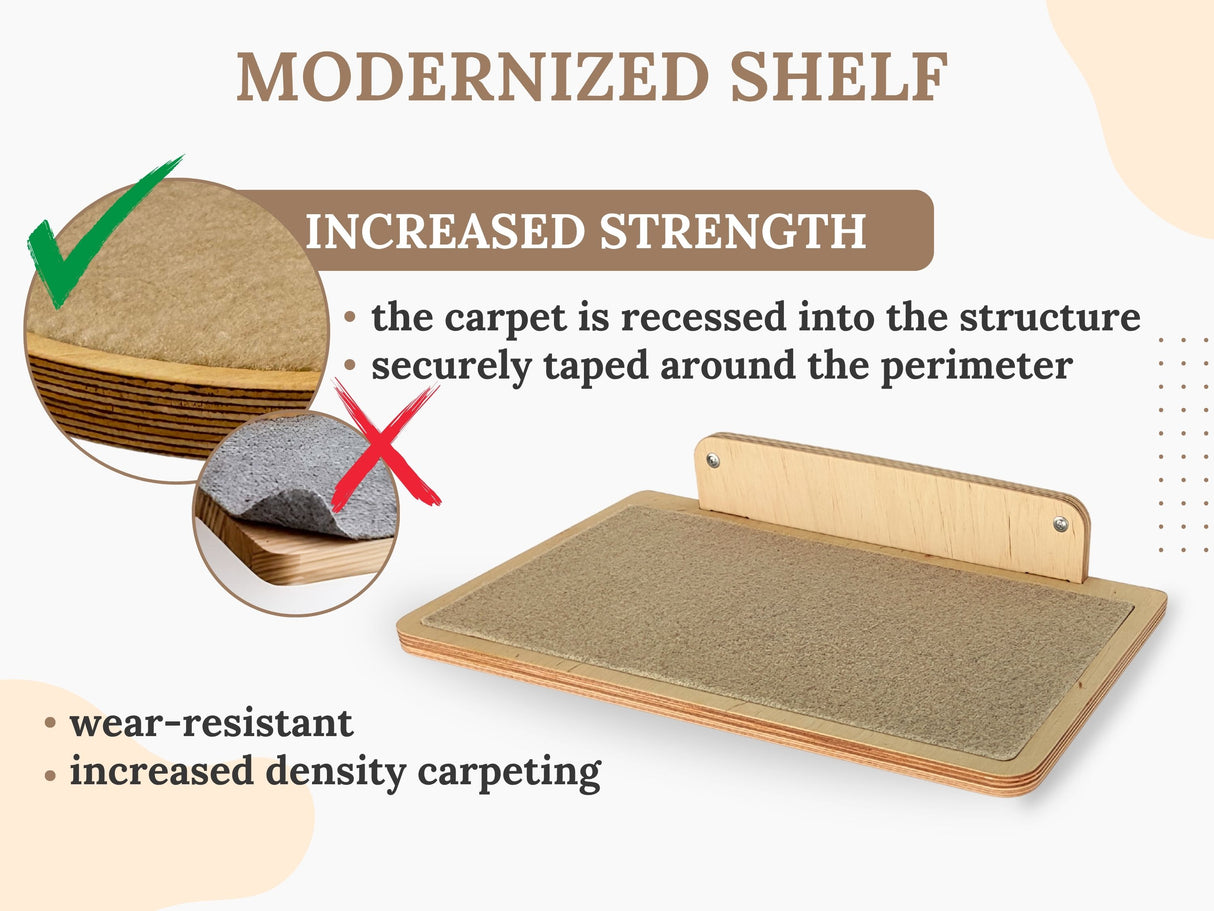 Modernized cat shelf with increased strength features, showing a close-up of the carpeted surface and text explaining the design.