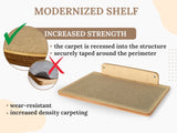 Modernized cat shelf with increased strength features, showing a close-up of the carpeted surface and text explaining the design.