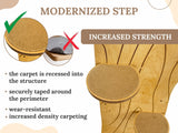 Diagram showing a modernized step with carpeted surface and text explaining features.